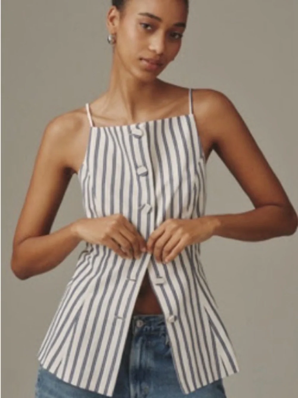 Anthropology Maeve Stripped Button-Front Cami Top in Navy & White - Picture 1 of 4